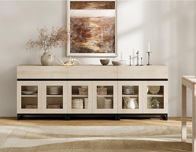 WAMPAT Multifunctional Sideboard Buffet Cabinets with 6 Glass Doors and 3 Drawers, Modern Sideboard Credenza Coffee Bar Storage Cabinet for Living Room, Kitchen, Light Oak