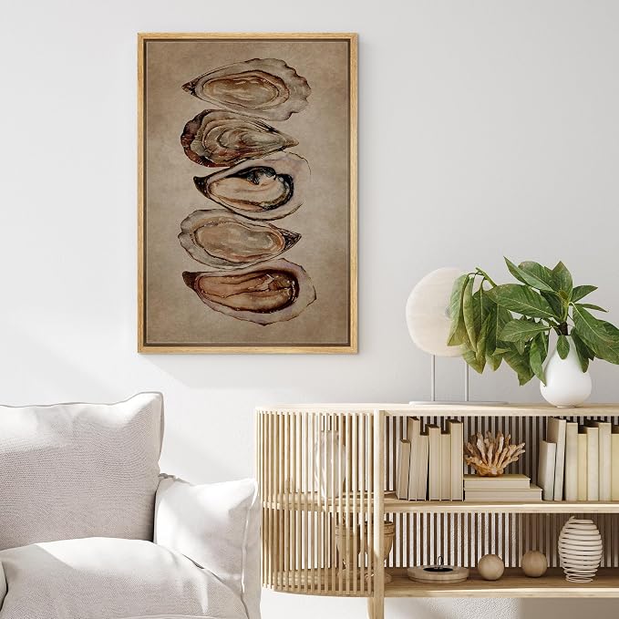 MUDECOR Framed Canvas Print Wall Art Watercolor Oyster Shells Rustic Coastal Illustrations Minimalism Decorative Bohemian Colorful Zen for Living Room, Bedroom, Office - 16"x24" NATURAL