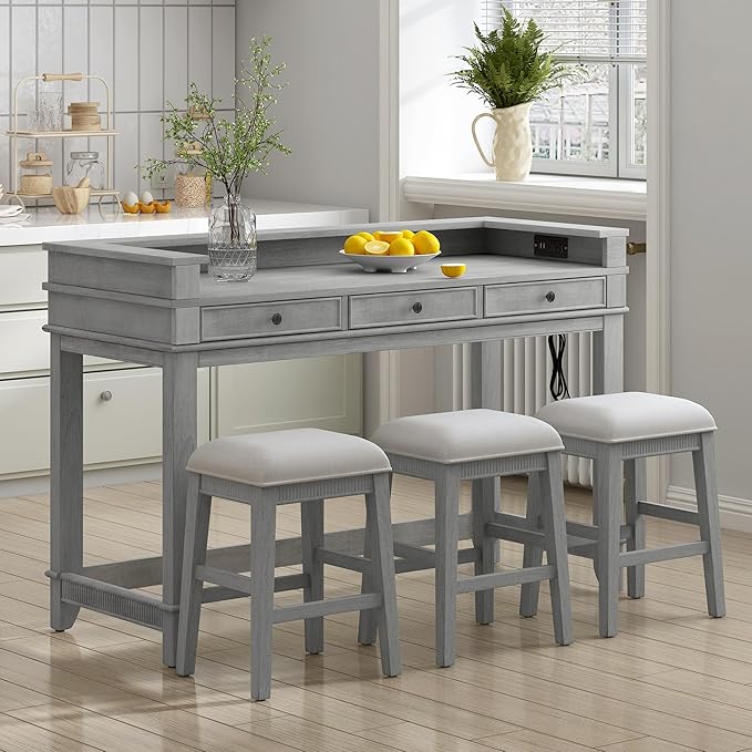 VilroCaz 4-Piece Counter Height Extra Long Dining Table Set with 3 Drawers and Upholstered Stools, Rubber Wood Dining Table Set Home Bar Set with Footrest and USB Port (Grey-B1)