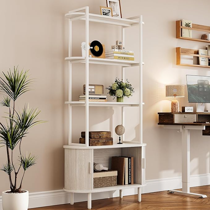4 Tier Tall Bookshelf with Cabinet, Fluted Bookcase with Sliding Door, Metal and Wood Display Shelf, Free Standing Storage Shelving Unit, Corner Storage Organizer for Living Room, Home Office, White