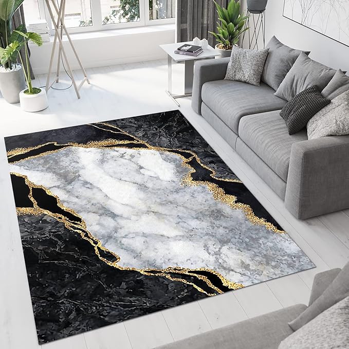 Nordic Luxury Black Gold White Geometry Art Area Rug, Abstract Marble Indoor Rug, Soft Foldable Non Slip Breathable Foldable Carpets for Living Room Bedroom Entryway Hotel Office 5.3x6.6ft