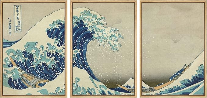 wall26 Framed Canvas Print Wall Art Set The Great Wave Off Kanagawa by Hokusai Cultural Historic Oil Painting Fine Art Reproduction Scenic for Living Room, Bedroom, Office - 16"x24"x3 Natural