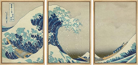 wall26 Framed Canvas Print Wall Art Set The Great Wave Off Kanagawa by Hokusai Cultural Historic Oil Painting Fine Art Reproduction Scenic for Living Room, Bedroom, Office - 16"x24"x3 Natural
