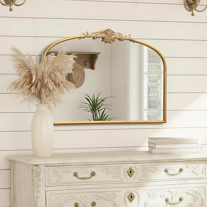Besdomus Antique Arched Gold Mirror: 32"x24" Large Gleaming Gold Antique Wall Mounted Mirror - Baroque Traditional Ornate for Fireplace/Bathroom/Bedroom - Wall Decor for Homemakers