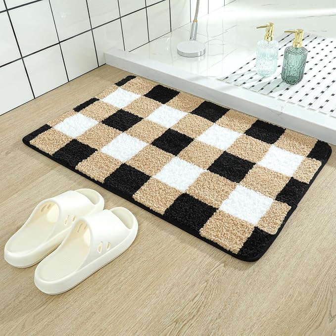 Checkered Bath Mat - Super Absorbent, Soft and Thick, Rubber Backing Non-Slip, Machine Washable Shower Rug, Bath Mat, Bathroom Home Decor Accessories, 16"x24" (40x60cm), Brown