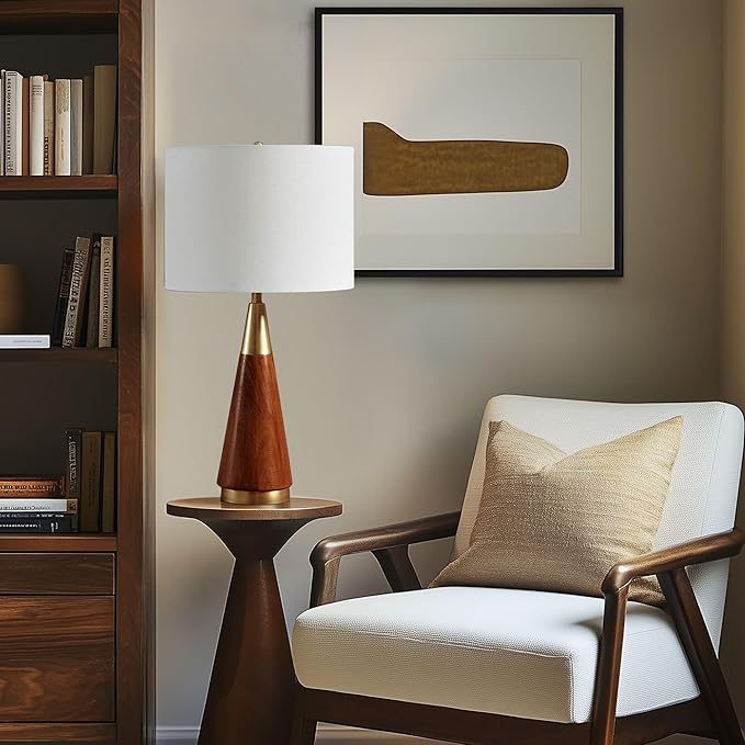 INK+IVY Chrislie Gold White Mid Century Modern Table Lamp , Contemporary Metal Wood Table Lamps for Bedrooms , 13.5"W X 13.5"D X 26"H , Gold / Brown