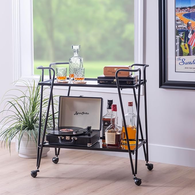 Linon Gina Black Mid Century Bar Cart with Mirrored Shelves