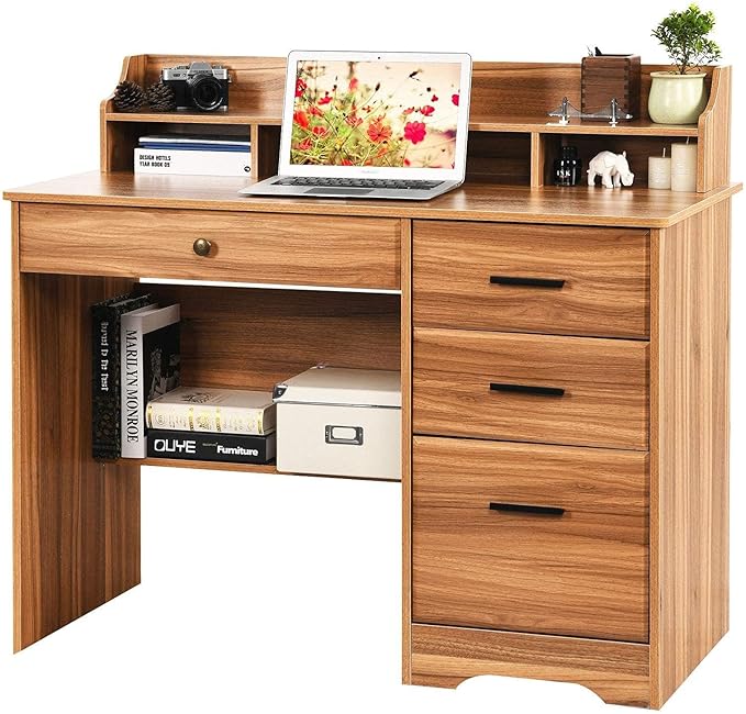 Catrimown Computer Desk with 4 Drawers and Hutch, Home Office Desk with File Drawer, 44” Rustic Oak Wood Desk, Study Table for Bedroom, Rustic Oak