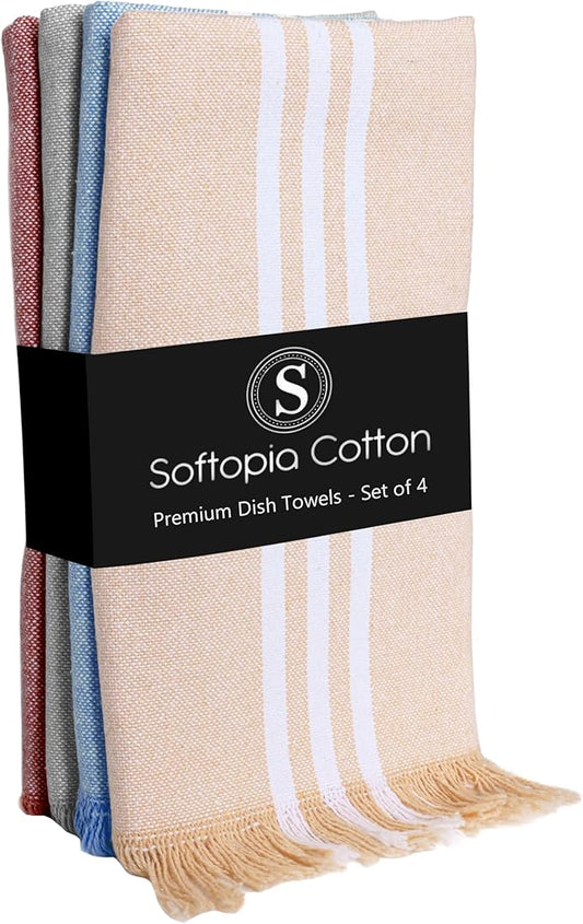 Dish Towels Multicolors 4 Pack, 16x26 Inches, Stripe Kitchen Tea Towels, Reusable Cleaning Cloths, Absorbent Drying Rags for Daily Use, Washable - Beige, Sky Blue, Light Grey, Rust