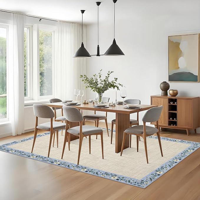GarveeHome Washable Rugs for Living ROM 8 x 10 Large Area Rug Farmhouse Floral Bordered Bedroom Carpet Indoor Non-Slip Nursery Mat Soft Non Shedding Stain Resistant Carpet for Dining Room, Beige
