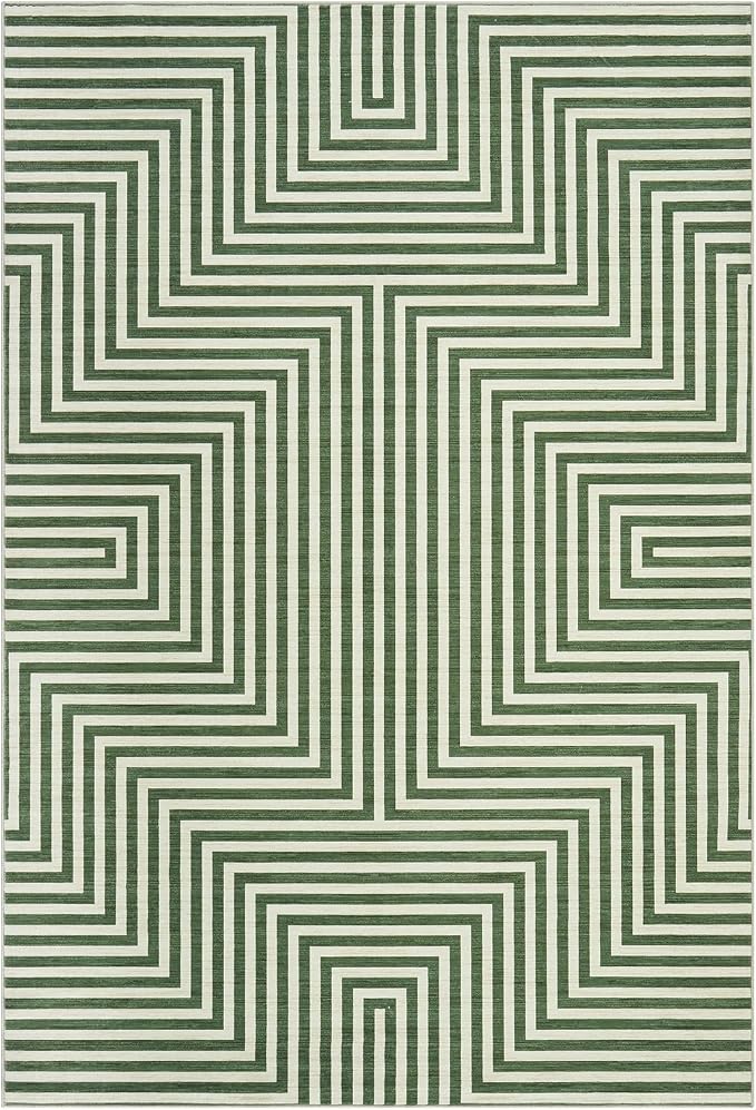 8x10 Washable Large Rug for Living Room Neutral Modern Geometric Lines Rugs for Dining Kids Room Playroom Low Pile Soft Bedroom Carpet Thin Foldable Modern Abstract Rug, Green