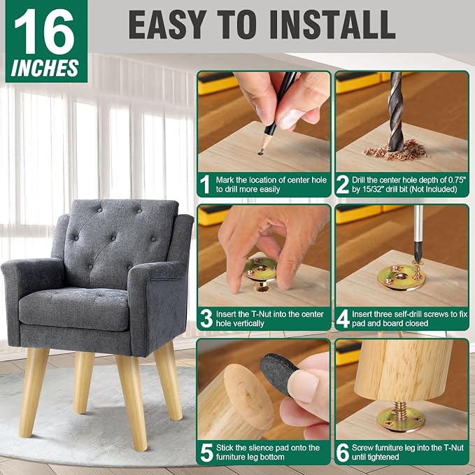 FoDau770 Rubber Wood Furniture Legs 16 Inches, Slant Tapered Wood Feet Mid Century Sofa Legs Set of 4, 5/16" UNC Furniture Feet Replacement Parts for Cabinet Couch Dresser Chair Ottoman Table