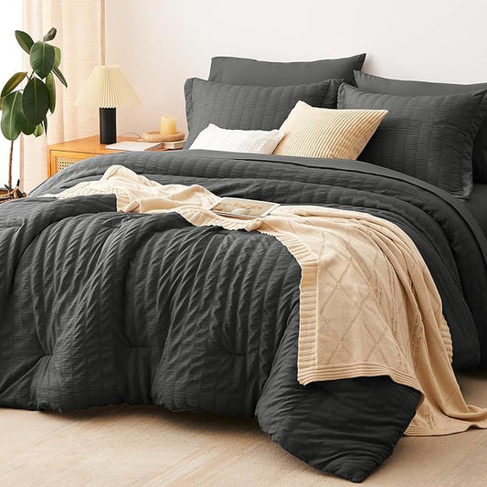 CozyLux Oversized King Comforter Set with Sheets, 7 Pieces 120"x98" Dark Grey Seersucker Bed in a Bag, Dark Gray Bedding Sets with Down Alternative Comforter, Sheets, Pillowcases & Shams, Home Gift