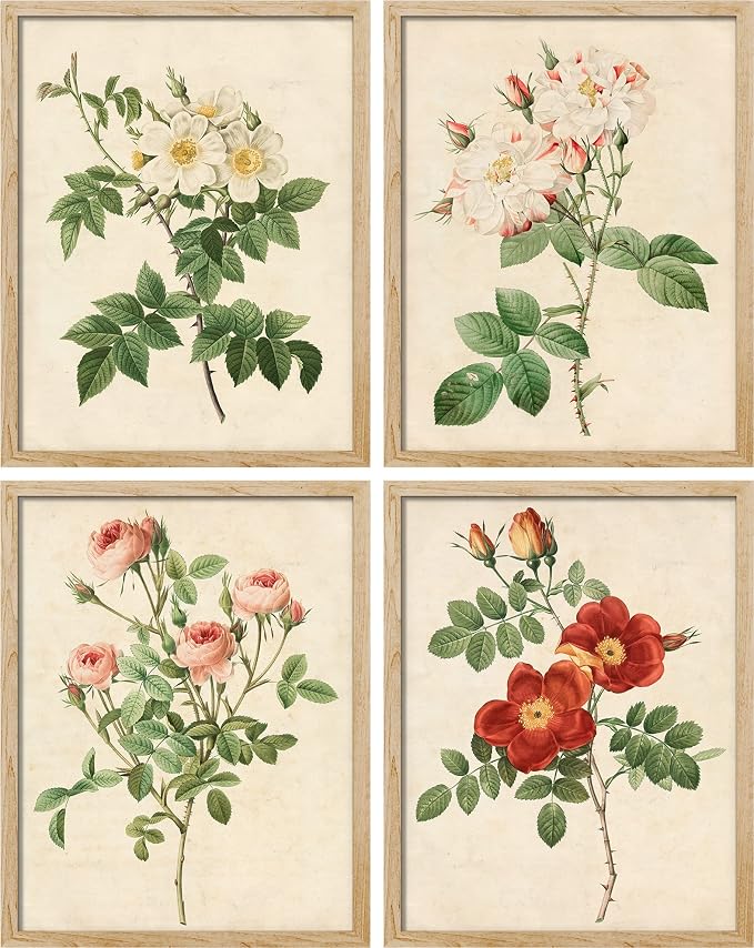 SIGNWIN Framed Vintage Colorful Wildflower Wall Art, Set of 4 Variety Floral Wall Decor Prints, Nature Wilderness Wall Décor for Living Room, Bedroom - 8"x10" Natural