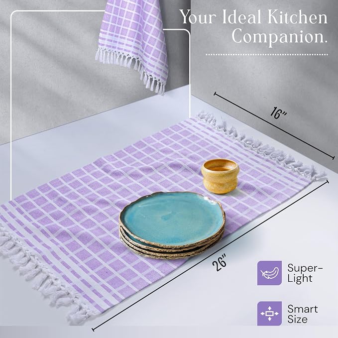 Matrix Dobby Kitchen Towels 4 Pack, 16x26 Inches, 100% Cotton, Absorbent Reusable Dish Cloths with Handmade Tassels, Washable Hand Towels for Drying - Lavender, White