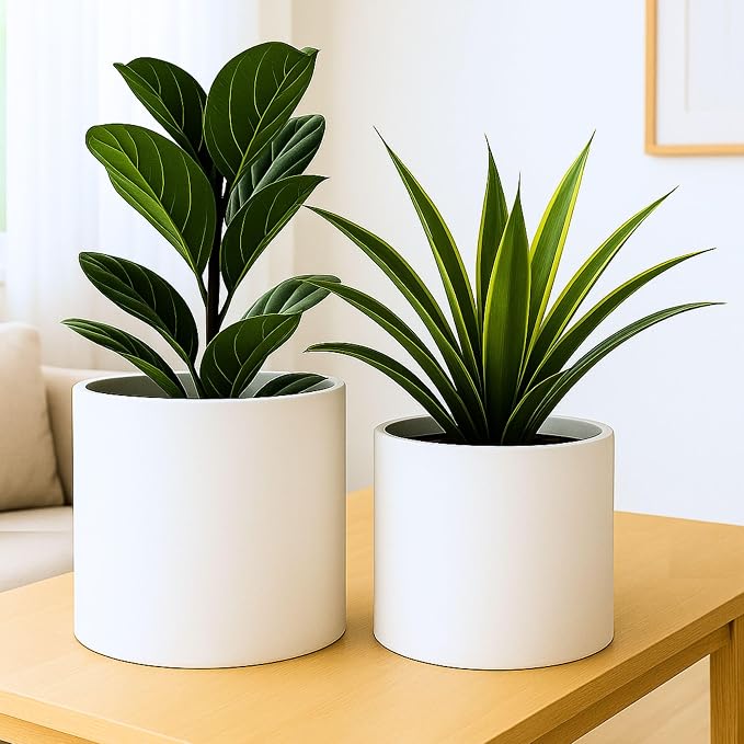Fox & Fern Large Indoor Planter, Modern Large Plant Pot for Indoor or Outdoor, UV and Frost Resistant - Set of 2: 12 and 14.6 Inch, Fiberstone, White Flower Pot with Drainage Plug, Lightweight