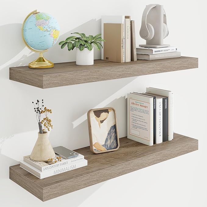 32in Floating Shelves for Wall, 32"W x 9.25"D x 1.25"H, 2 Pack Long Wall Mounted Engineered Wood Shelves with Invisible Brackets for Living Room, Bedroom, Bathroom, Kitchen Decor and Storage, Grey