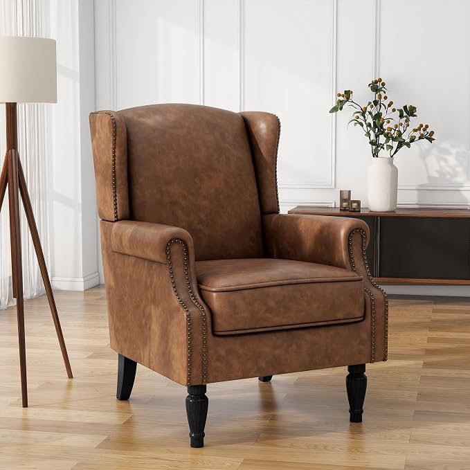 High Back Accent Chairs Set of 2, Faux Leather Upholstered Armchair Wingback Chair for Living Room, Comfy Single Sofa Solid Wood Legs Bedroom Reading Seat (Brown)