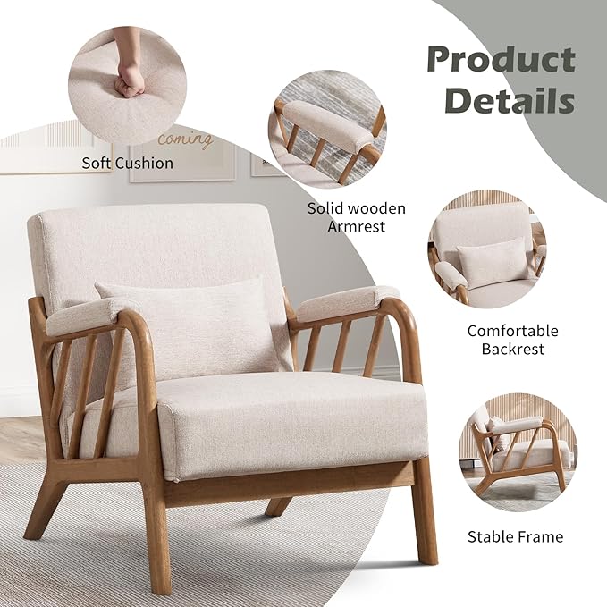 INZOY Mid Century Modern Accent Chair with Wood Frame, Upholstered Reading Armchair with Soft Linen Fabric, Accent Chair for Living Room Bedroom Apartment, Easy Assembly, Beige