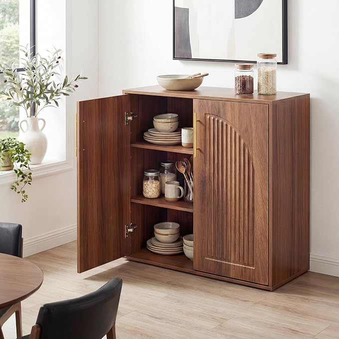 Fluted Sideboard Buffet Cabinet with Storage, Arched Doors & Adjustable Shelves, Modern Accent Credenza, Anti-Tip Console Cabinet for Living Room, Entryway, Hallway & Kitchen, Walnut