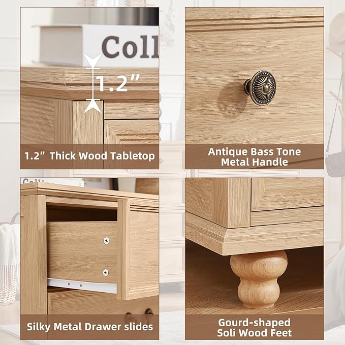 Farmhouse 6 Drawer Dresser for Bedroom, 42" Tall Rustic Chests of Drawers w/ 4 Solid Wood Feet, Mid Century Modern Wooden Closet Storage Dressers Organizer for Living Room, Hallway,Natural