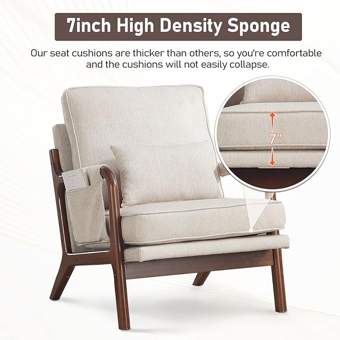 ANJ Mid Century Modern Accent Chair, Lounge Reading Armchair with Extra Side Pocket & Detachable Cushion, Comfy Fabric Accent Chairs for Living Room, Bedroom,Beige