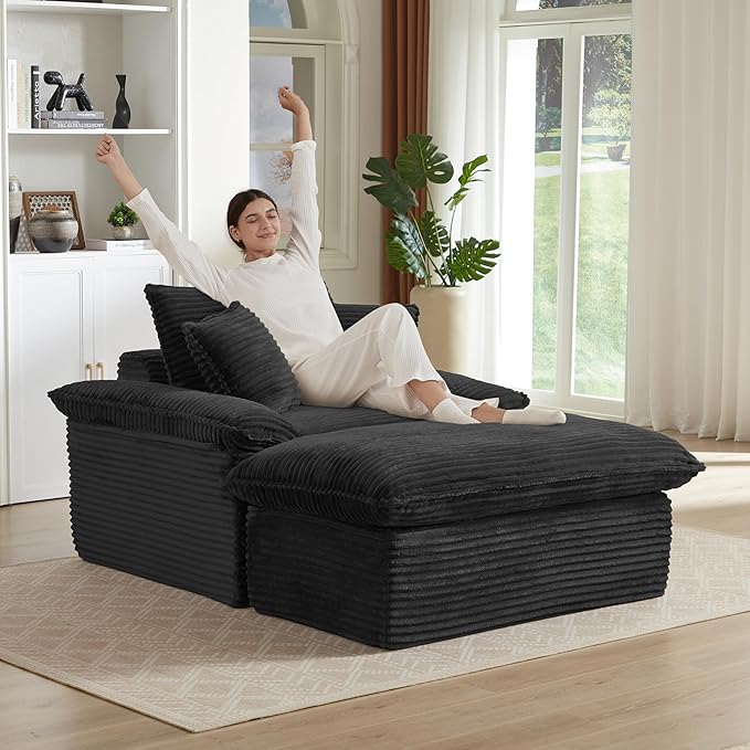 52" Boneless Chaise Lounge – Oversized Chaise Lounge Chair Indoor with Ottoman, Cup Holder & 3 Pillows, Corduroy 3-in-1 Floor Sleeper Chair Bed for Adults, Reading, Napping,Black | Breathable Material