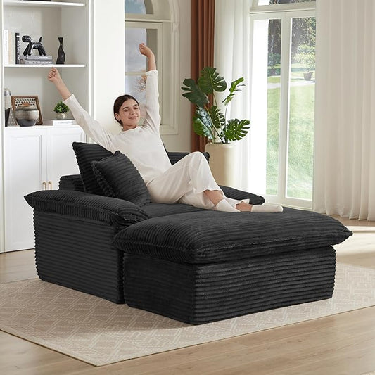 52" Boneless Chaise Lounge – Oversized Chaise Lounge Chair Indoor with Ottoman, Cup Holder & 3 Pillows, Corduroy 3-in-1 Floor Sleeper Chair Bed for Adults, Reading, Napping,Black | Breathable Material