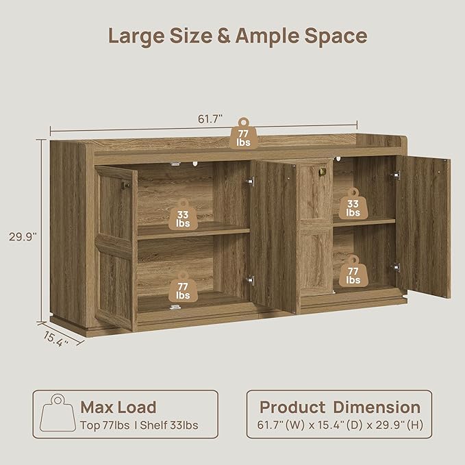 SICOTAS 4-Door Buffet Cabinet -Extra Long Sideboard with Storage & Adjustable Shelves, Modern Credenza Accent Coffee Bar Console Table for Living Room, Kitchen, Entryway, Hallway, Brown Oak, 2 PCS