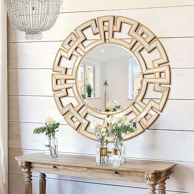Chende Large Round Mirror, 40'' Modern Living Room Mirrorr with Beveled Glass Edge, Gold Decorative Wall Mirror with Wooden Frame for Dining Room, Entryway, Mantel, Bathroom