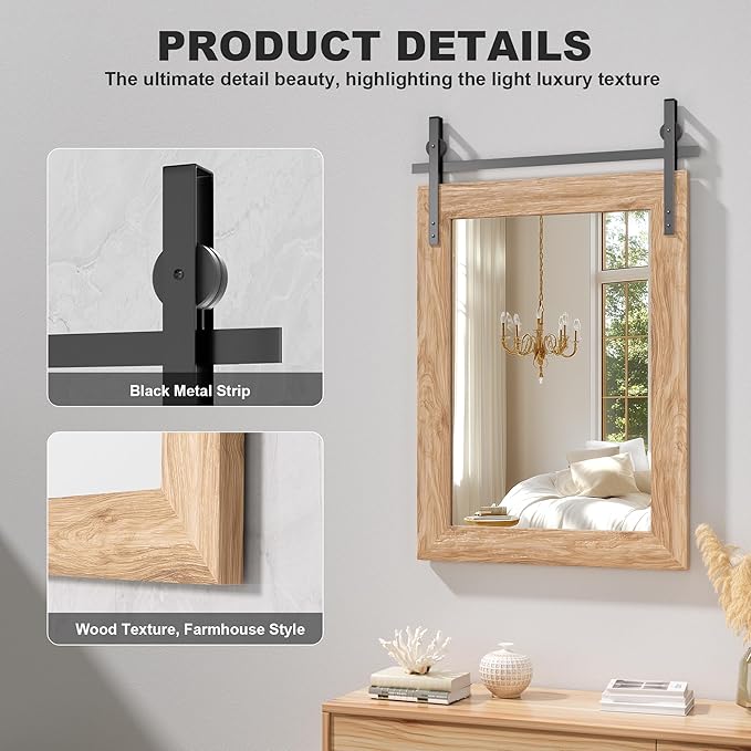 Hasipu Farmhouse Bathroom Mirror, 31"x31" Rustic Wood Framed Wall Mounted Mirror, Brown Vintage Vanity Mirror Barn Door Style Decrative Mirrors