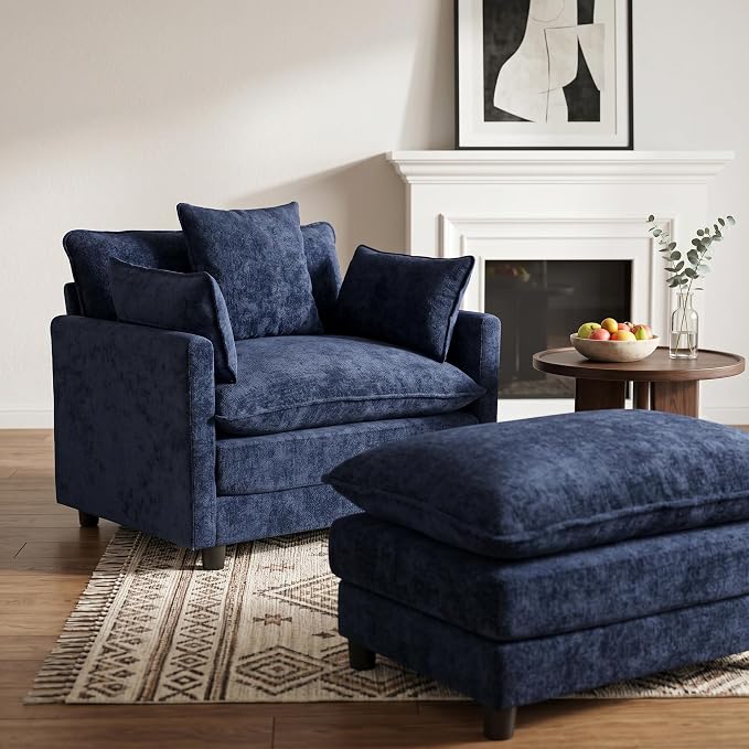 Oversized Accent Chair with Ottoman, Chenille Cloud Single Sofa Upholstered Double-Layer Seat Lounge Armchair with Pillows for Living Room Reading Apartment, Blue