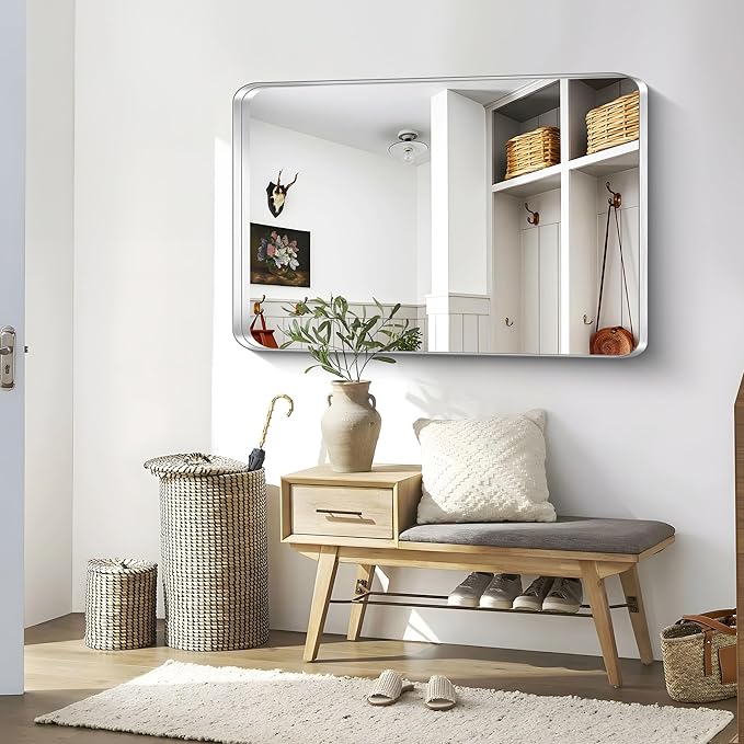 CIRCUMI Silver Bathroom Mirror, 36"x55" Rectangular Mirror with Deep Metal Frame, Rounded Corner, Tempered Glass, Large Mirror for Wall, Over 2 Sinks, Installed Vertically/Horizontally, Crystal-Clear
