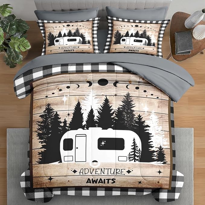Pamnest Comforter Set Full Size, Camping Camper Rv 7 Pcs Bedding for Kids and Adults, Car Family Bed Sheet Sets with Fitted Sheet 2 Pillowcases & 2 Shams for Bedroom Bed Decor