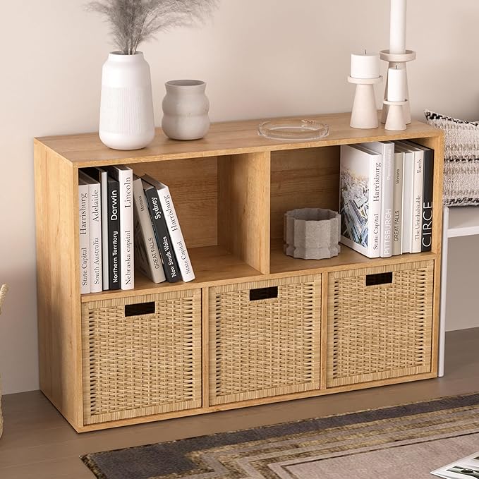 Wooden 5 Cube Storage Organizer with Closed Back Panel,White Cube Shelf Cubby Storage Organizer with Compartments for Living,Bookshelf, Easy to Install (Oak, 5 Cube-11in)