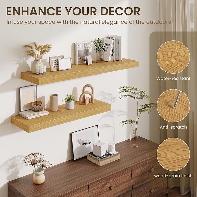Fun Memories Floating Shelves for Wall, 40 Inch Floating Shelf for Home Decor, Wall Mounted Rustic Wood Shelves 12 Inch Deep, Hanging Deep Shelf for Bedroom, Living Room, Kitchen, Oak, Set of 2