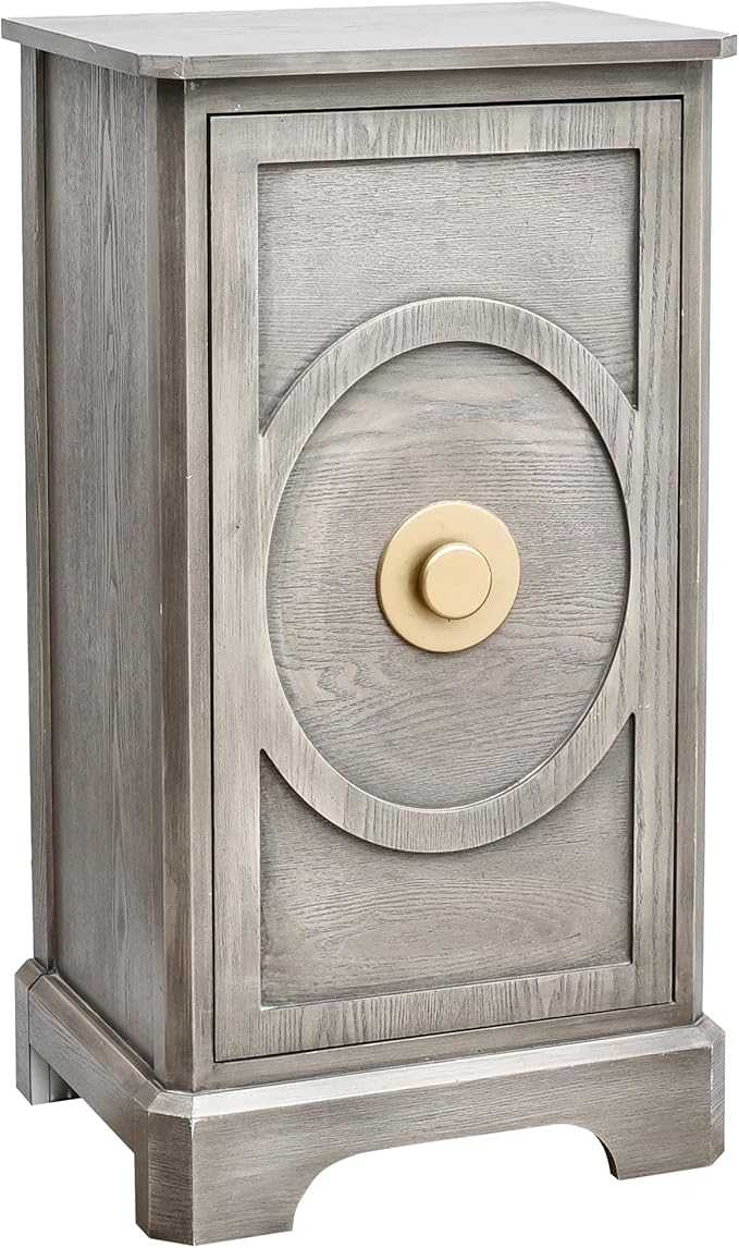 eHemco Art Deco End Table with Gold Accent Knob, Rectangular Side Table with Storage, Modern Retro Style, 18 x 14 x 30.5 Inches, Light Gray