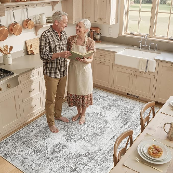 Area Rug 4x6 Vintage Rugs: Washable Indoor Medallion Rug Low Pile Distressed Floor Carpet Retro Accent Rugs for Living Room Bedroom Kitchen Dining Table Home Office(Grey, 4'x6')