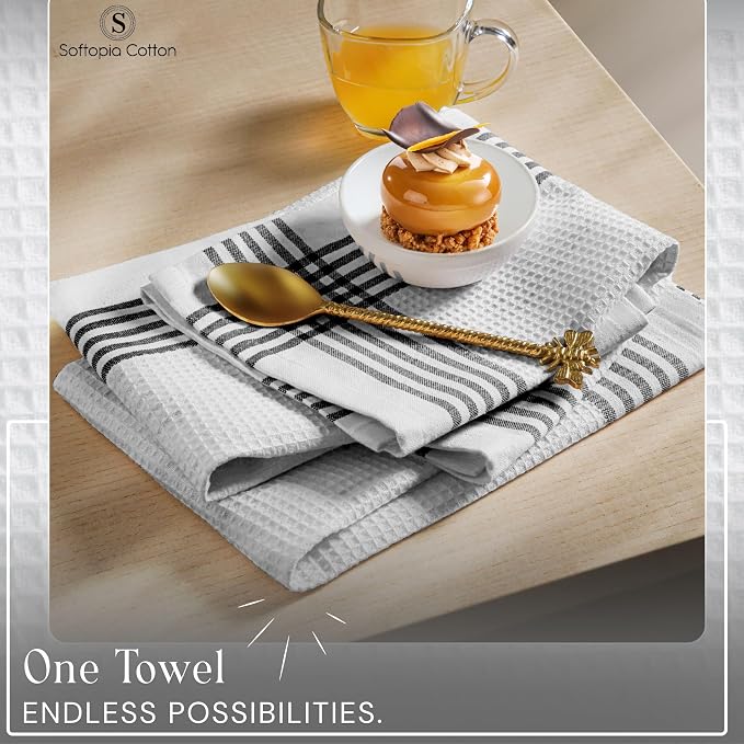 Waffle White & Black 12 Pack Kitchen Dish Towels, 100% Cotton, 16x26 inches, Wash Rags for Drying Dishes, Highly Absorbent, Long Lasting Hand Towels Set for Daily Cooking & Cleaning