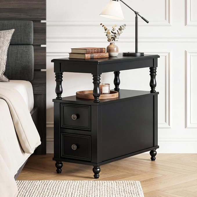 Tribesigns Solid Wood End Table, Vintage Side Table with 2 Drawers & 2-Tier Open Shelf, Mid-Century Nightstand, Slim Bedside Table for Small Space, Bedroom, Living Room, Black