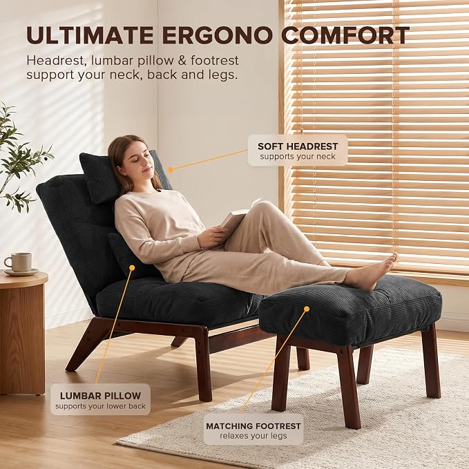 GEMBED Accent Chair with Ottoman Adjustable Backrest, Comfy Lounge Chair Single Sofa with Headrest Lumbar Pillow, Reading Chair with Footrest for Bedroom, Living Room, Dark Grey