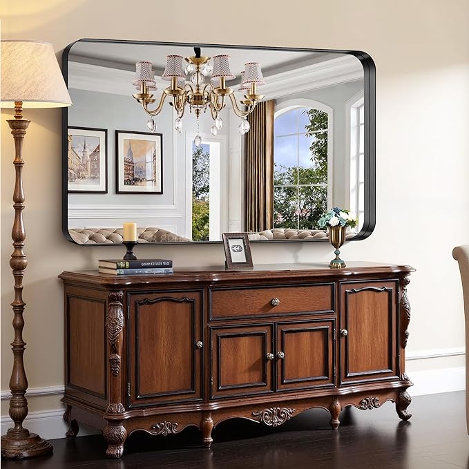 CIRCUMI Black Bathroom Mirror, 36"x60" Rectangular Mirror with Deep Metal Frame, Rounded Corner, Tempered Glass, Large Mirror for Wall, Over 2 Sinks, Installed Vertically/Horizontally, Crystal-Clear