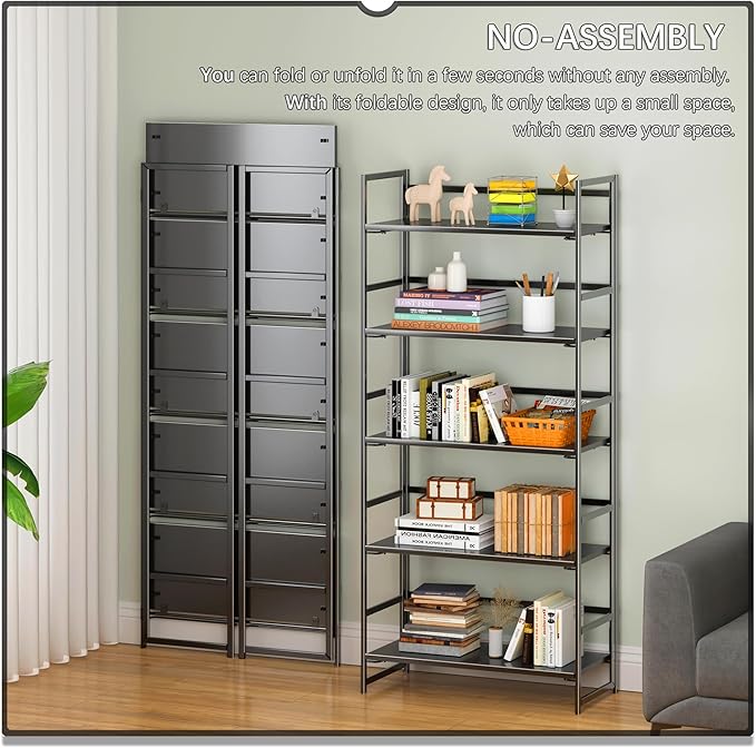4NM No Assembly 5 Tiers Collapsible Book Shelves, 51.2" H Folding Bookshelf Bookcase Open Industrial Foldable Shelves for Bedroom, Living Room, Home Office - All Black