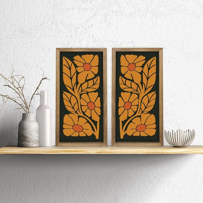 pechpell 2pcs Mid Century Modern Wall Decor, 15.7x7.9in Wooden Floral Mcm Abstract Wall Art, Orange Flower Prints Pictures Rustic Bedroom Bathroom Living Room Gallery Decorations For Home