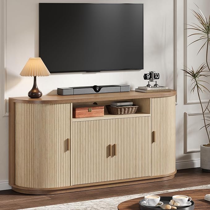 63" Sideboard Buffet Cabinet with Storage, Modern Fluted Accent Credenza with Sliding Doors, Drawers and Adjustable Shelves, Wood Coffee Bar Console Table for Kitchen, Living Room, Enrtyway (Oak)