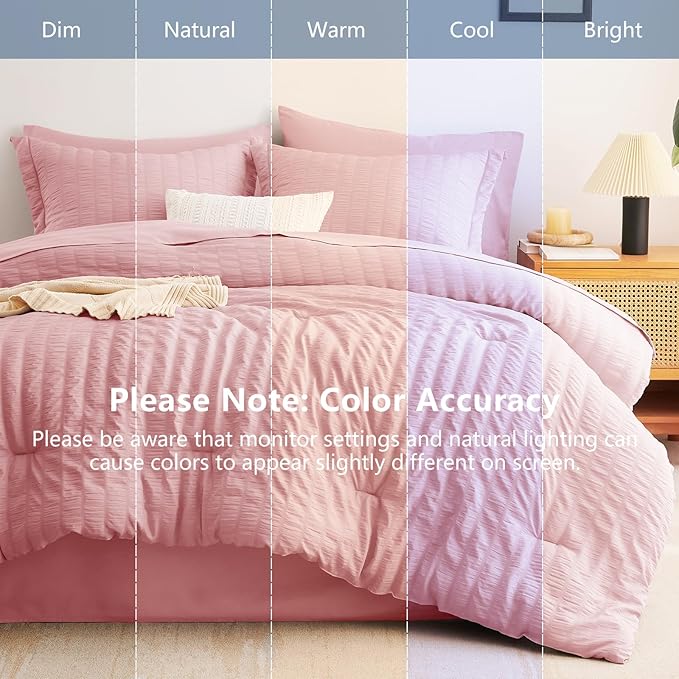 CozyLux King Size Comforter Set Pink, 7 Pieces Seersucker Textured Luxury Bed in a Bag, All Seasons Soft Bedding Sets with Down Alternative Comforter, Sheets, Pillowcases & Shams, Home Gift