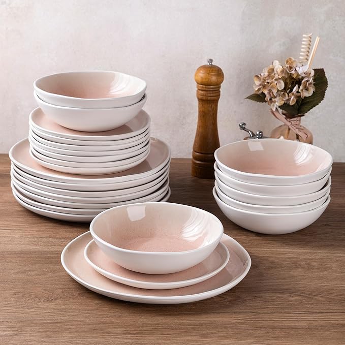 AmorArc Ceramic Dinnerware Sets,Handmade Reactive Glaze Stoneware Plates and Bowls Sets,Highly Scratch Resistant | Dishwasher & Microwave Safe Dishes Set,Service for 8 (24pc)-Pink
