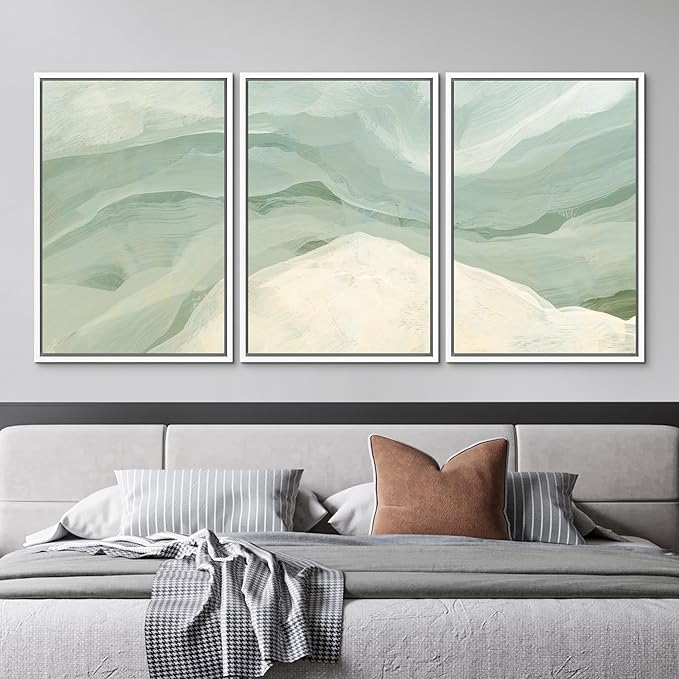 MUDECOR Framed Wall Art Print Set Pastel Waves Blue and White Tones Illustrations Modern Art Boho Decorative Colorful Chic for Living Room, Bedroom, Office - 24"x36"x3 White