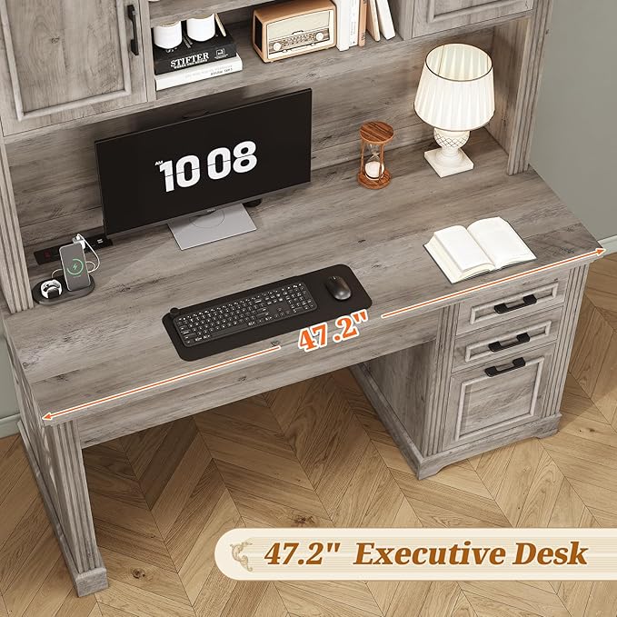 SEDETA Office Desk with 3 Drawers, 47.2" Executive Computer Desk with Storage Drawers and Hutch Cabinet, Wood Farmhouse Desk with Power Outlet for Home Office, Grey