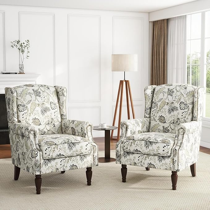 High Back Floral Accent Chairs Set of 2, Fabric Upholstered Armchair for Living Room, Retro Printed Wingback Arm Chair Nailhead Trim Single Sofa Bedroom Reading Seat - Beige Plants